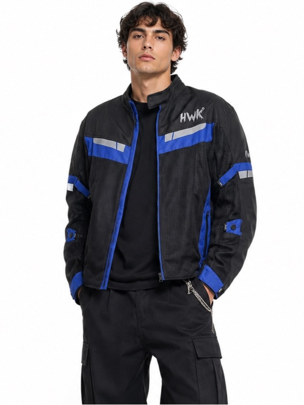 HWK Motorcycle Jacket Men’s Size L Black Blue Armored Mesh Moto Racing Biker